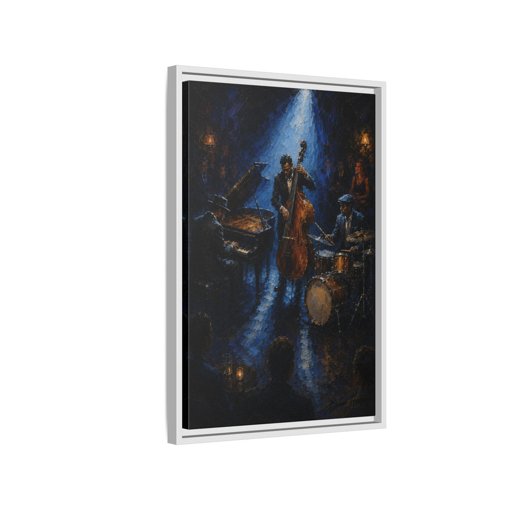 Framed Jazz Quartet Canvas Wall Art – Moody Blue Music Scene