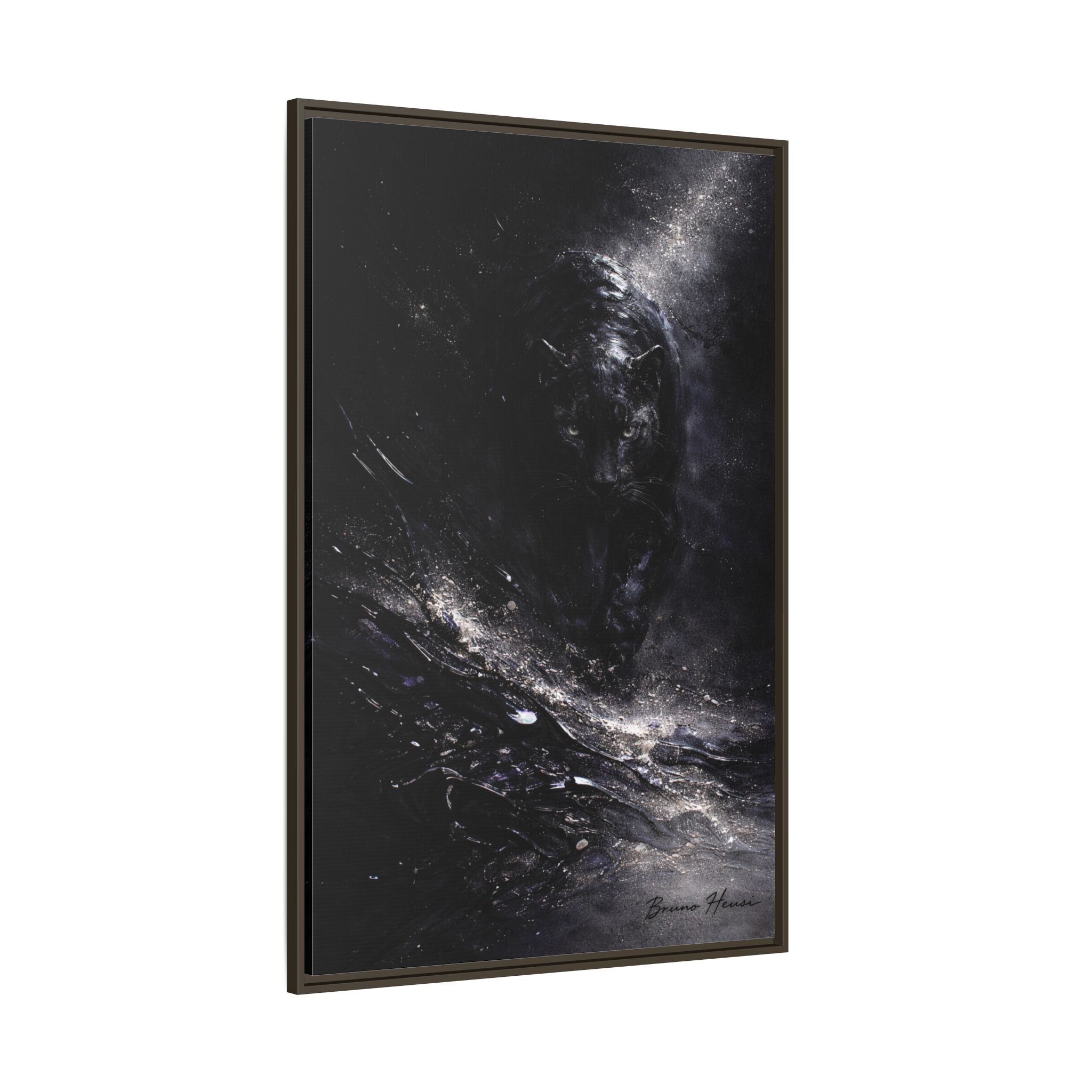 Cosmic Black Panther Matte Framed Canvas – Dark Abstract Wildlife Wall Art
