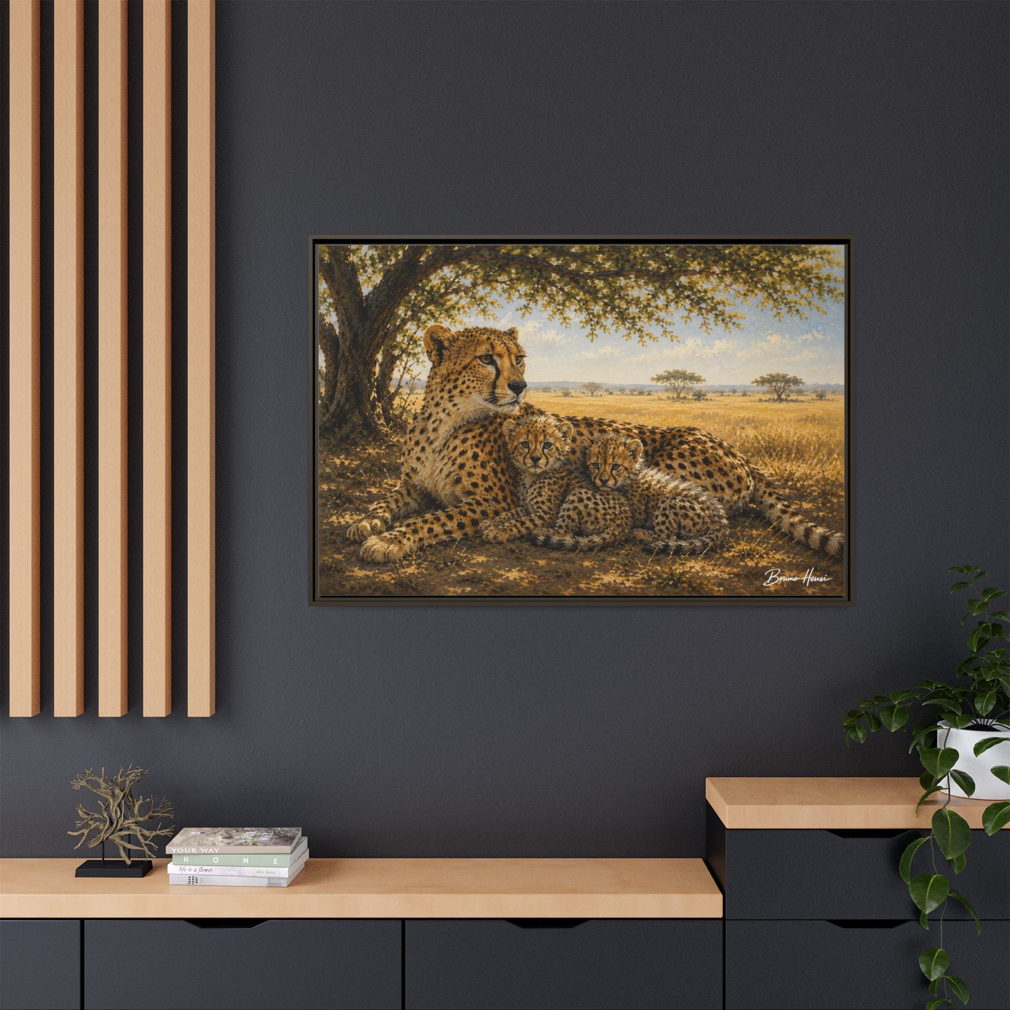 Cheetah Mother & Cubs Framed Canvas Wall Art – African Wildlife Safari Print