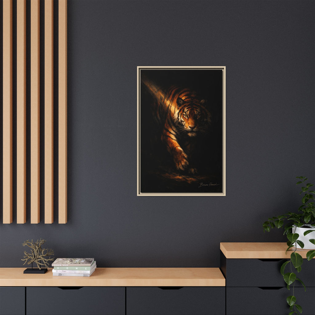 Tiger in the Shadows Matte Framed Canvas Print — Dramatic Wildlife Wall Art