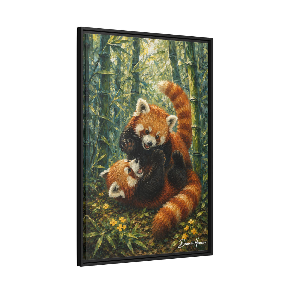 Red Panda Playtime Framed Canvas Wall Art — Playful Wildlife Print