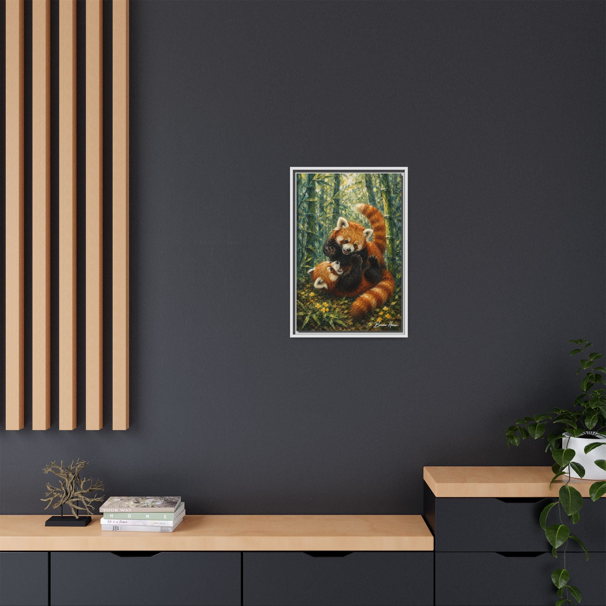 Red Panda Playtime Framed Canvas Wall Art — Playful Wildlife Print