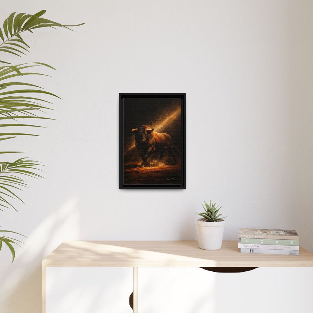 Framed Matte Canvas Art - Dramatic Charging Bull Painting
