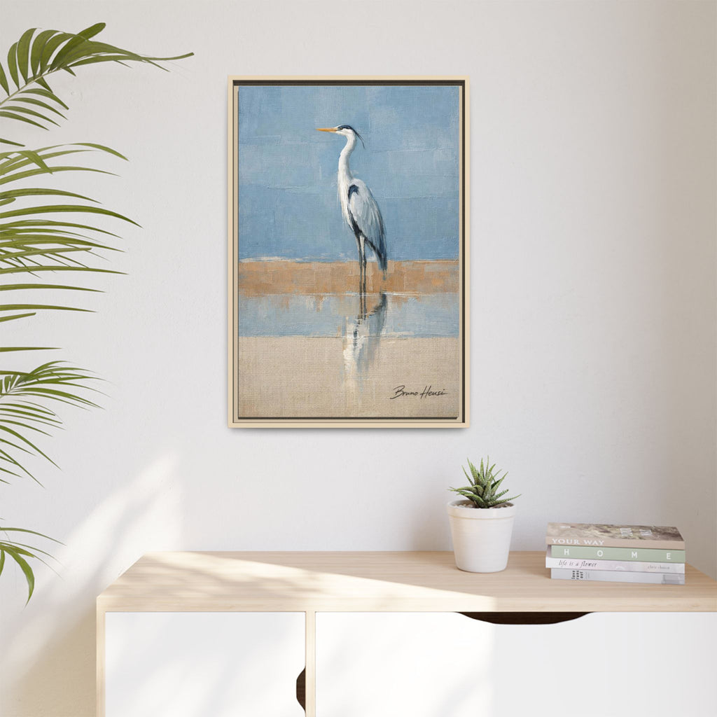 Framed Heron Canvas Art – Coastal Shorebird Wall Decor