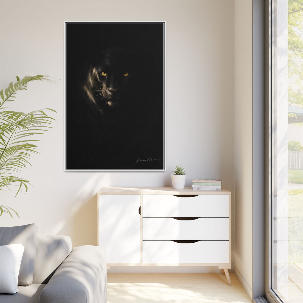 Framed Matte Canvas - Black Panther Wall Art with Golden Eyes