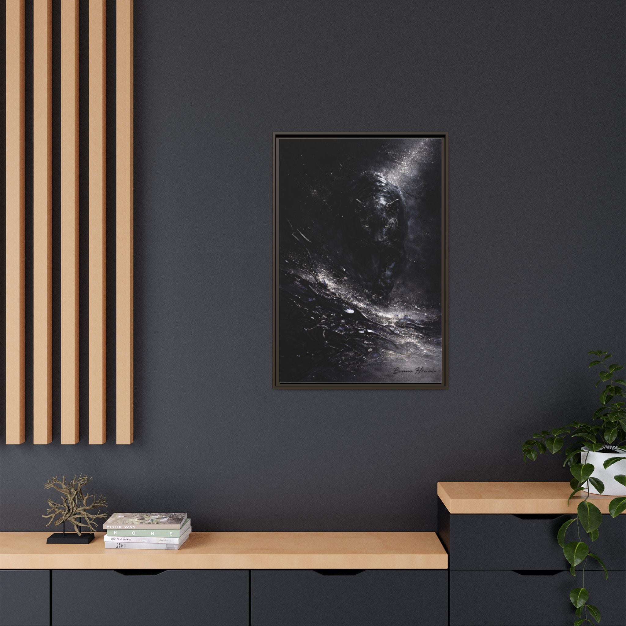 Cosmic Black Panther Matte Framed Canvas – Dark Abstract Wildlife Wall Art