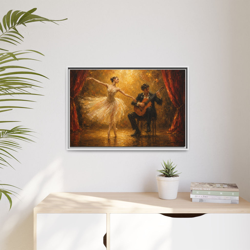 Ballet Dancer & Guitarist Framed Canvas Wall Art — Oil-Style Performance Print