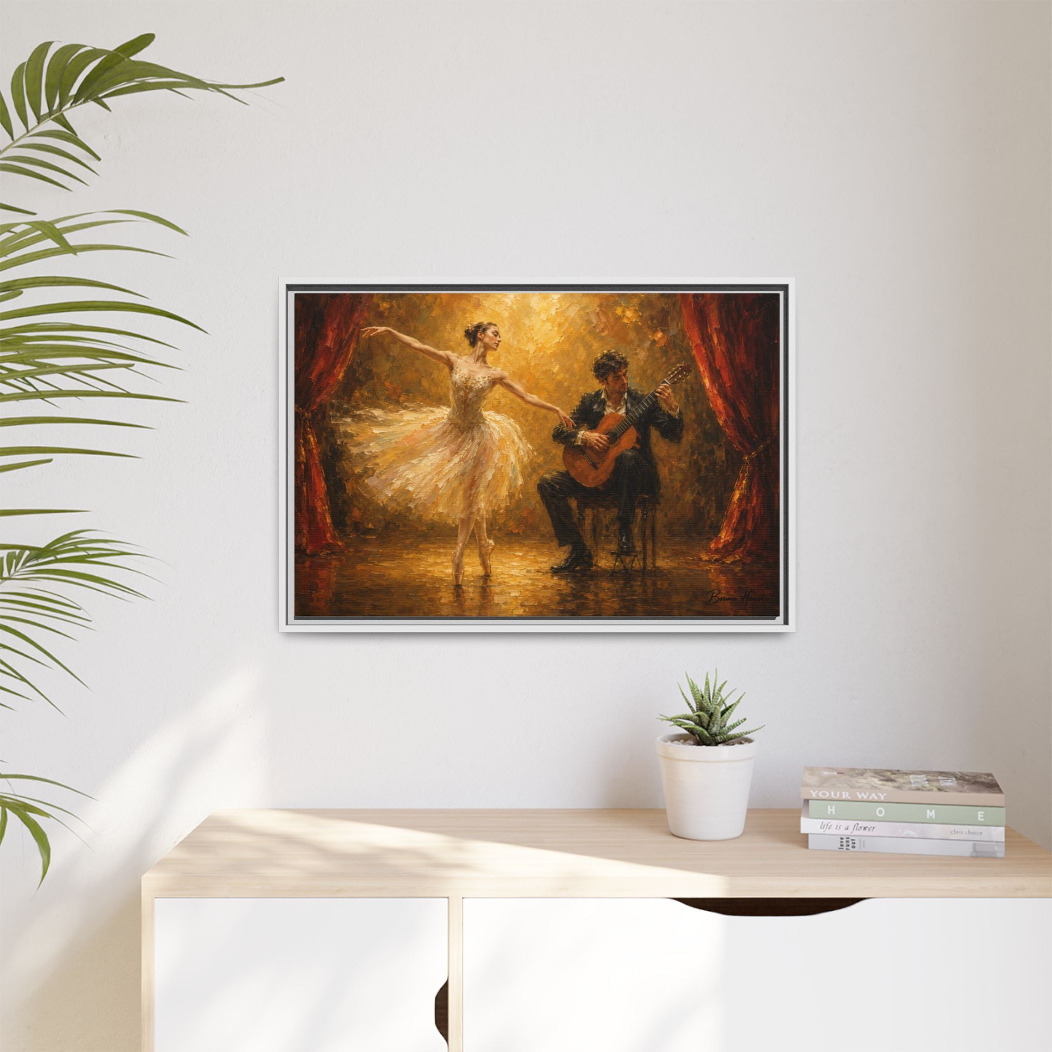 Ballet Dancer & Guitarist Framed Canvas Wall Art — Oil-Style Performance Print