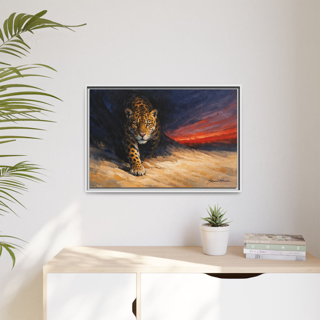 Framed Jaguar Canvas Art – Majestic Big Cat Painting with Sunset Sky
