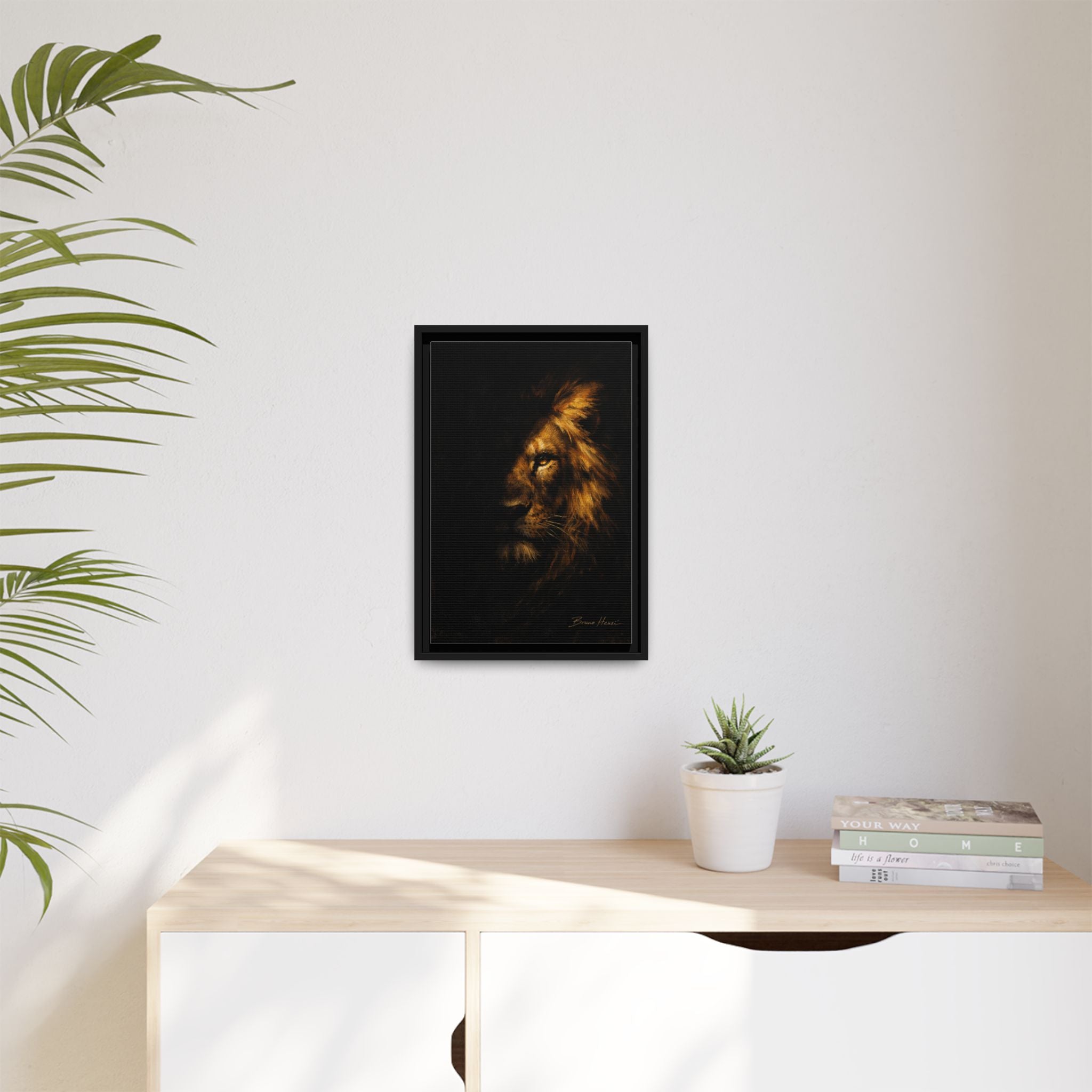 Majestic Lion Portrait Framed Canvas Wall Art — Golden Mane on Black Matte Print
