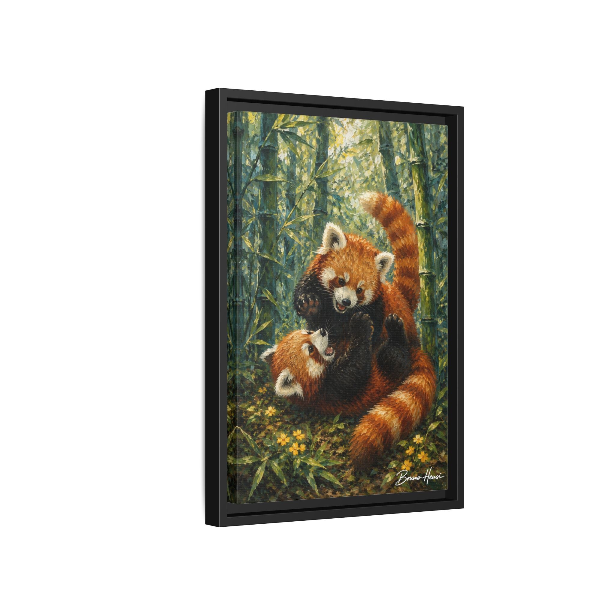 Red Panda Playtime Framed Canvas Wall Art — Playful Wildlife Print