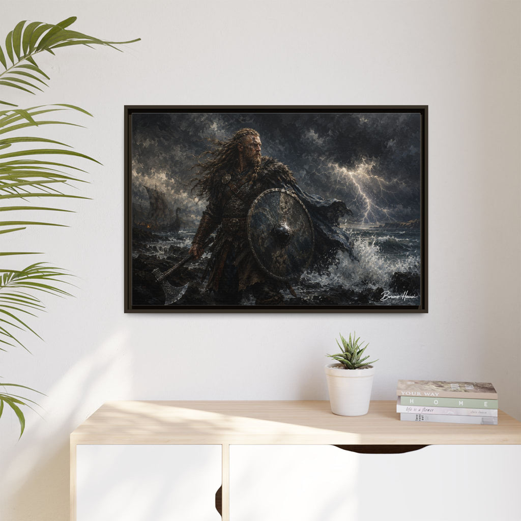 Viking Warrior Matte Framed Canvas Print — Stormy Norse Shield and Axe Wall Art