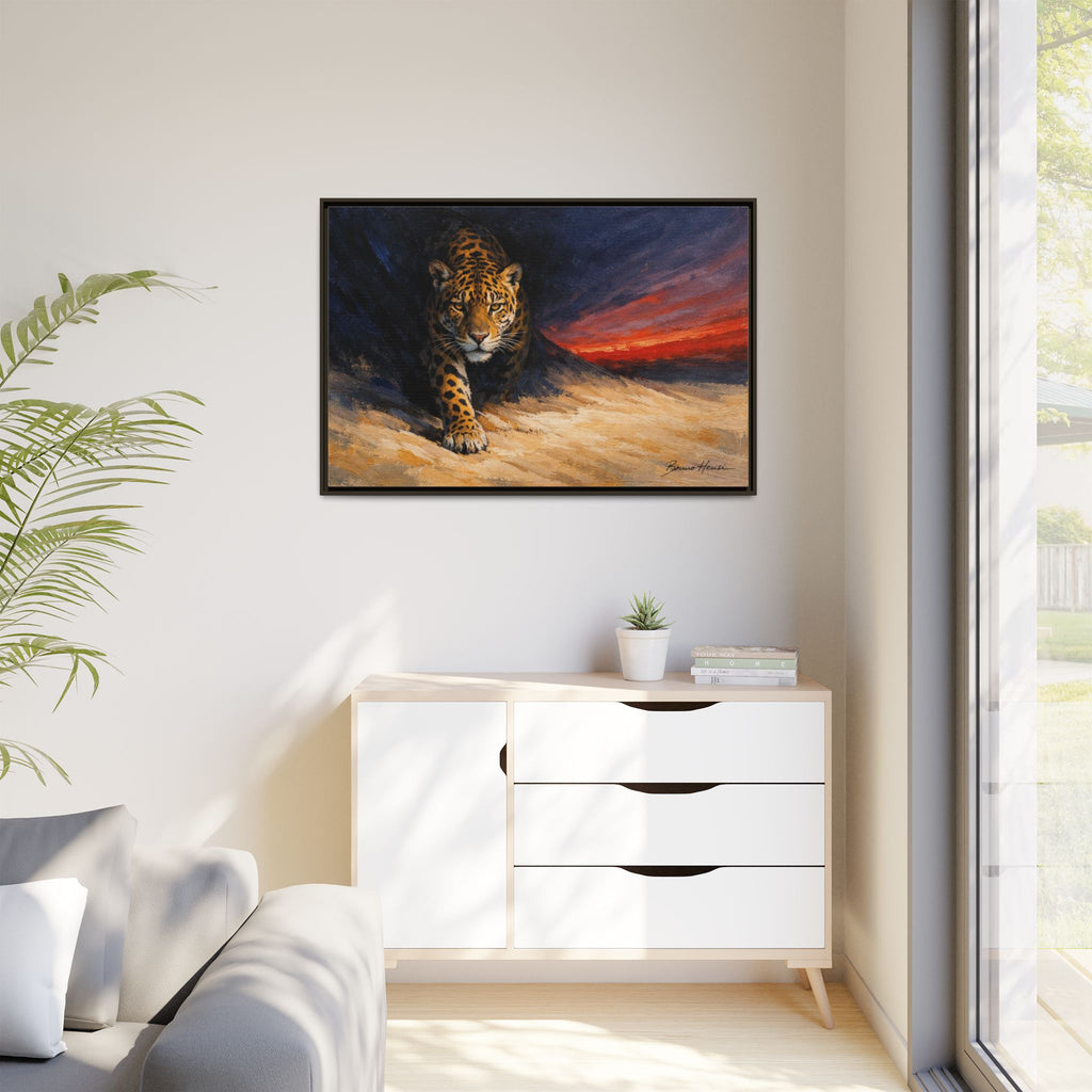 Framed Jaguar Canvas Art – Majestic Big Cat Painting with Sunset Sky