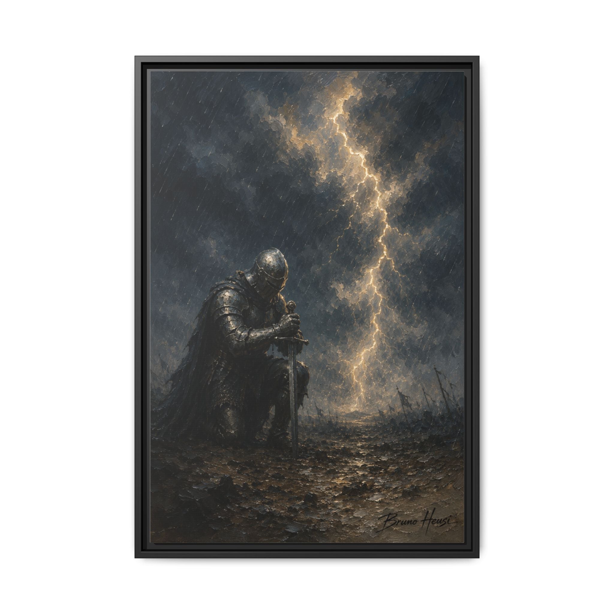 Knight in Thunderstorm Matte Framed Canvas — Dark Fantasy Wall Art