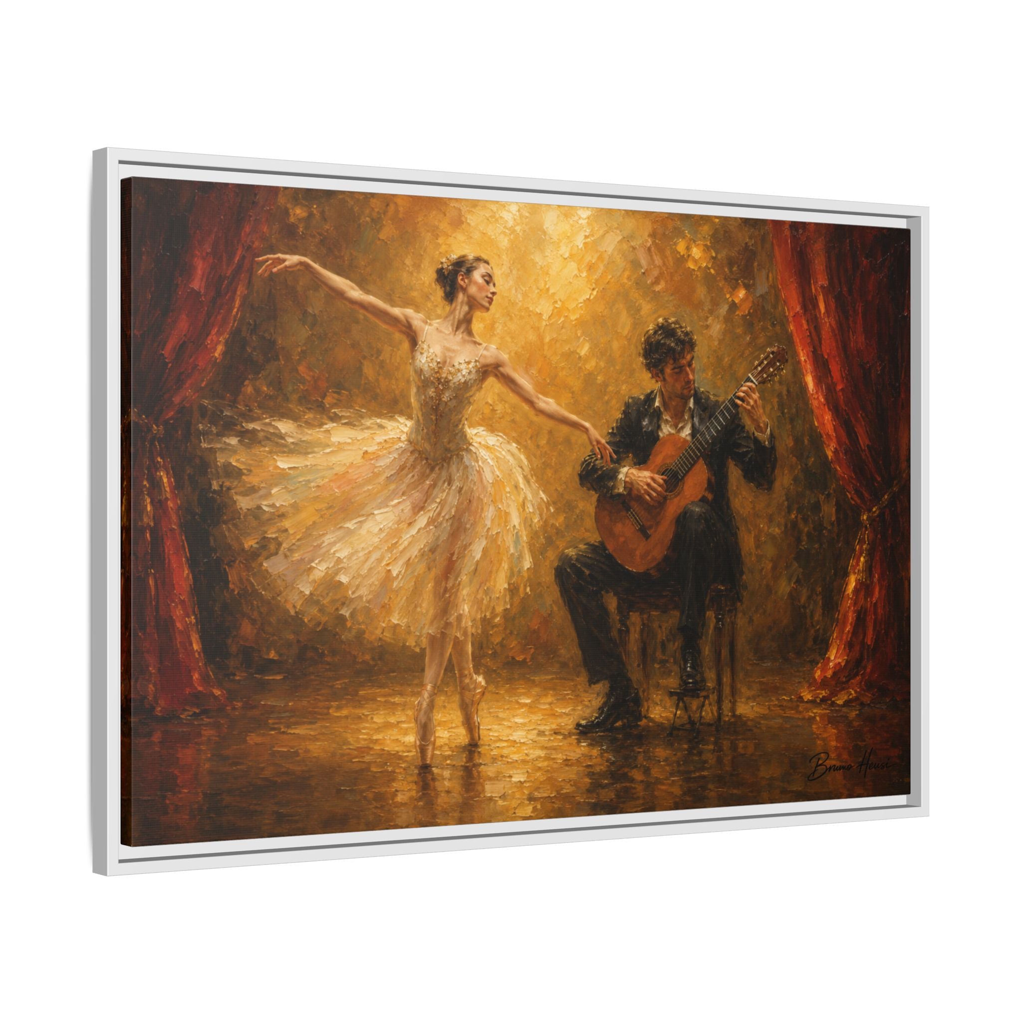 Ballet Dancer & Guitarist Framed Canvas Wall Art — Oil-Style Performance Print