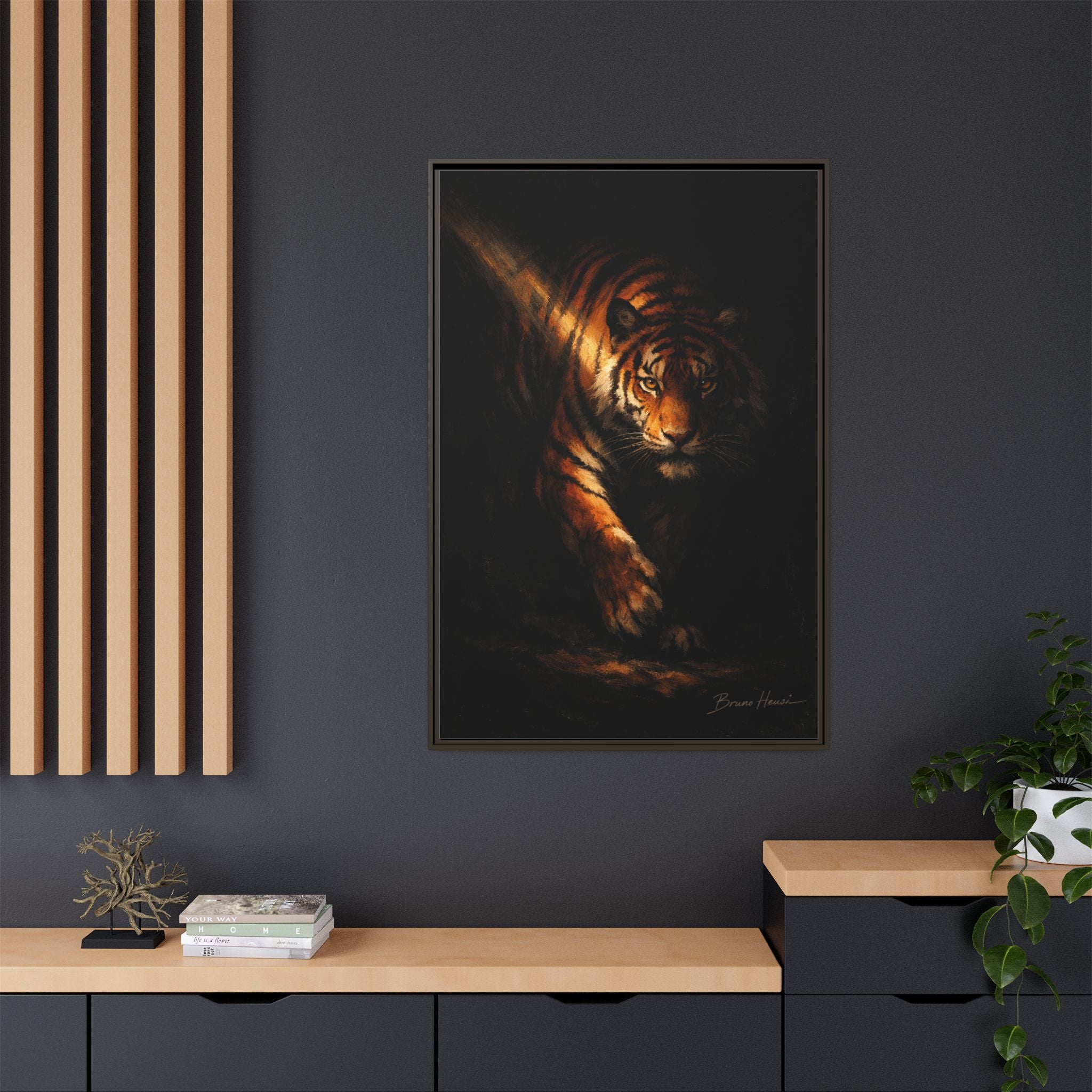 Tiger in the Shadows Matte Framed Canvas Print — Dramatic Wildlife Wall Art