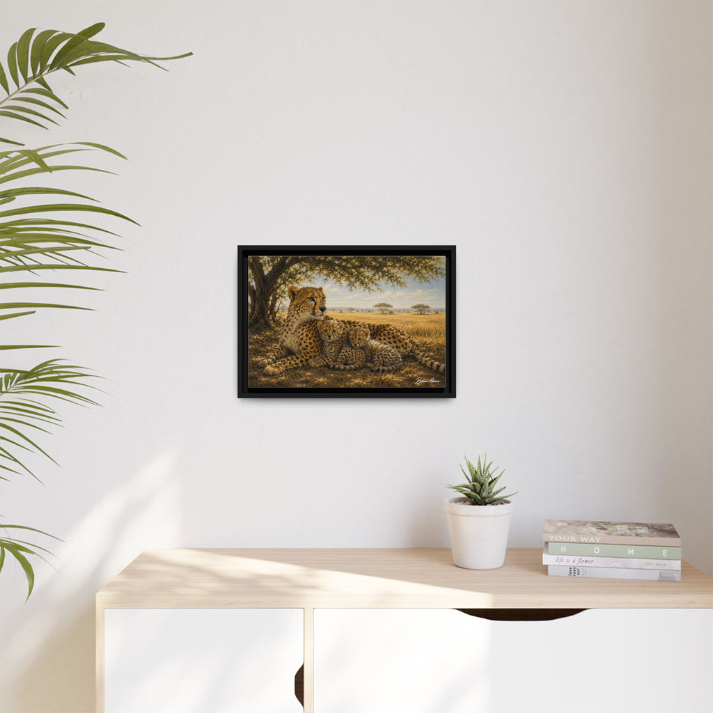 Cheetah Mother & Cubs Framed Canvas Wall Art – African Wildlife Safari Print