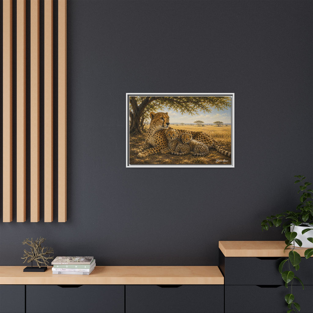 Cheetah Mother & Cubs Framed Canvas Wall Art – African Wildlife Safari Print
