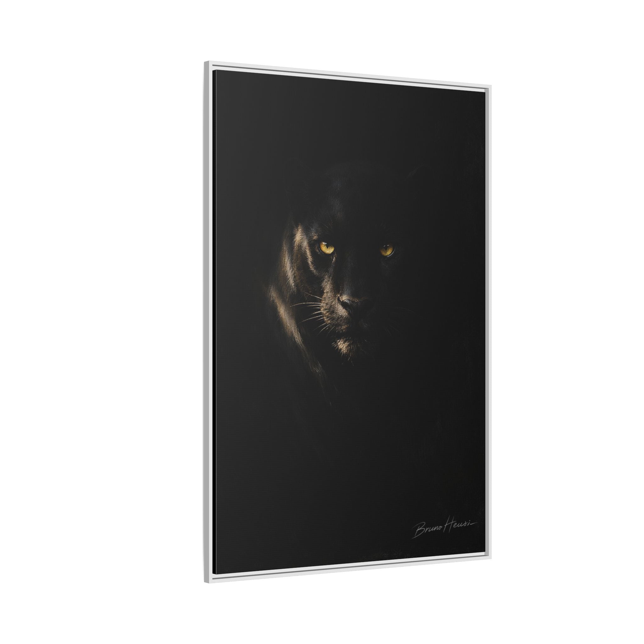 Framed Matte Canvas - Black Panther Wall Art with Golden Eyes