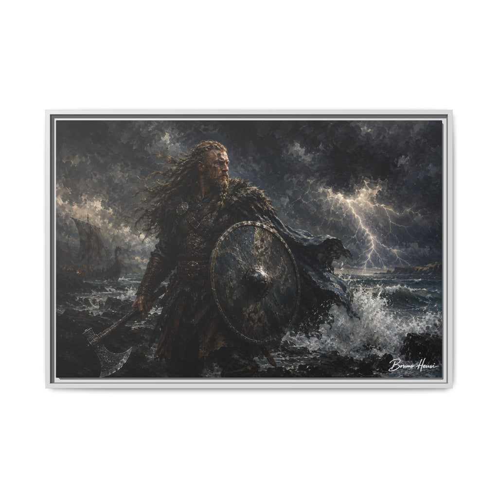 Viking Warrior Matte Framed Canvas Print — Stormy Norse Shield and Axe Wall Art