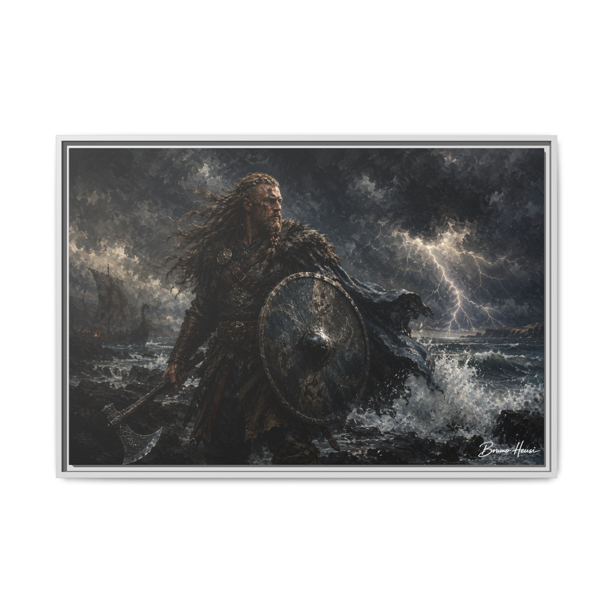 Viking Warrior Matte Framed Canvas Print — Stormy Norse Shield and Axe Wall Art