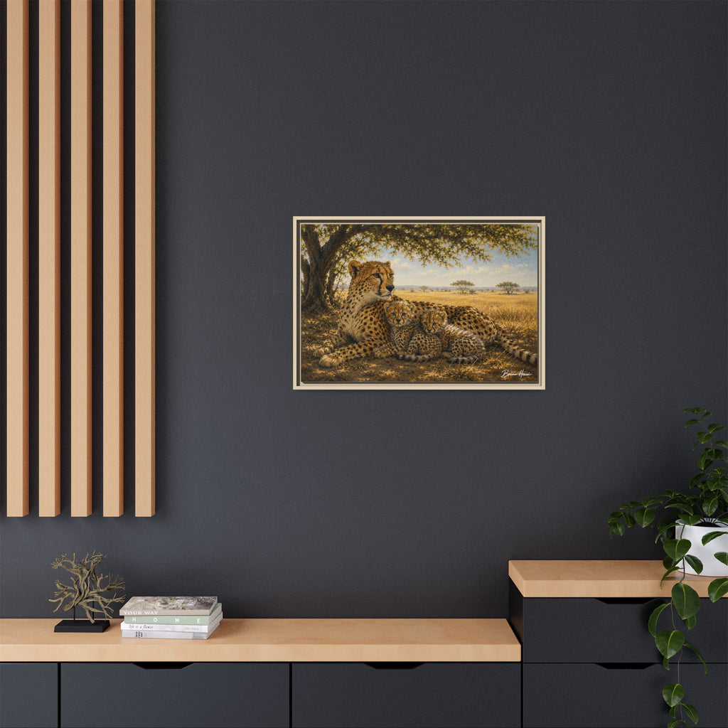 Cheetah Mother & Cubs Framed Canvas Wall Art – African Wildlife Safari Print