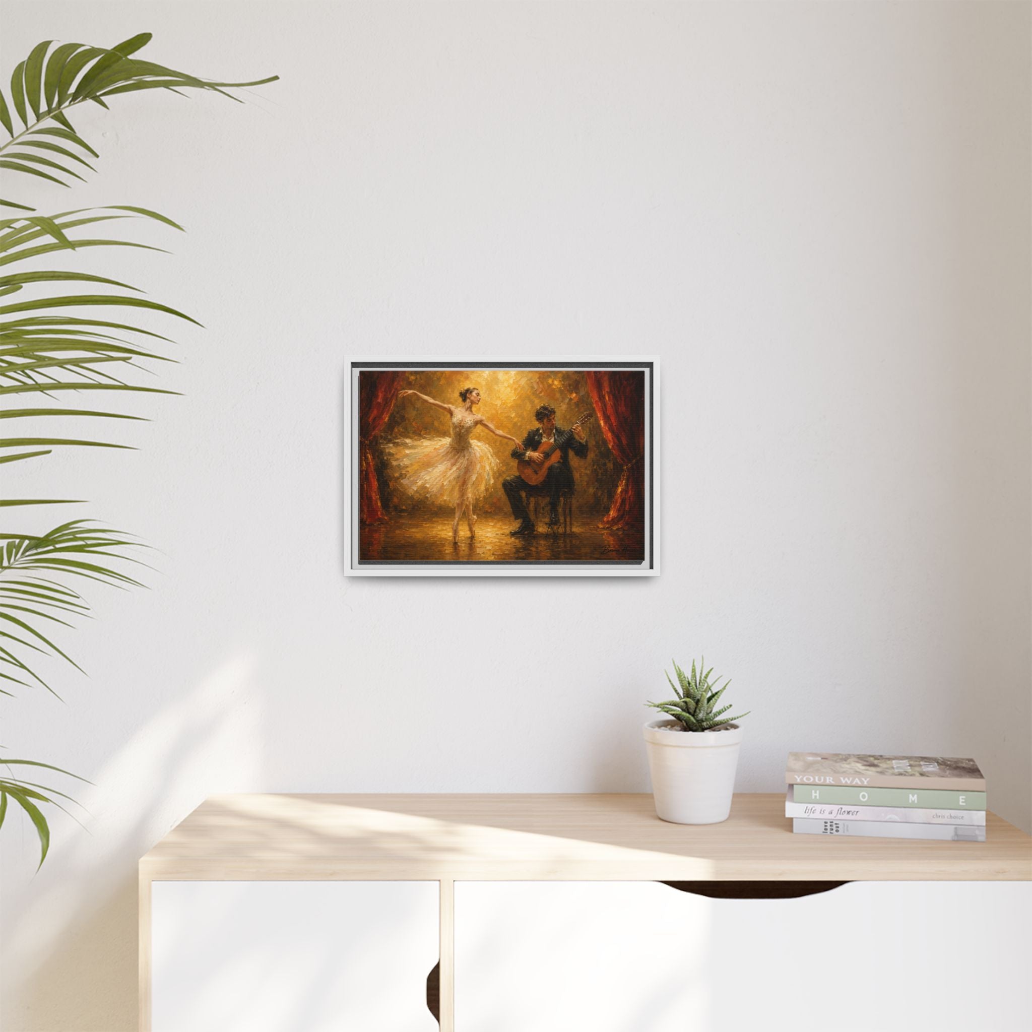 Ballet Dancer & Guitarist Framed Canvas Wall Art — Oil-Style Performance Print