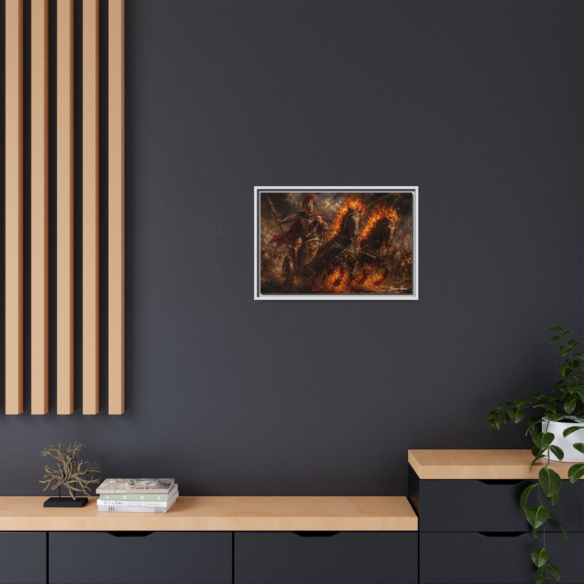 Flaming Chariot Framed Canvas Wall Art — Mythic Warrior Matte Print