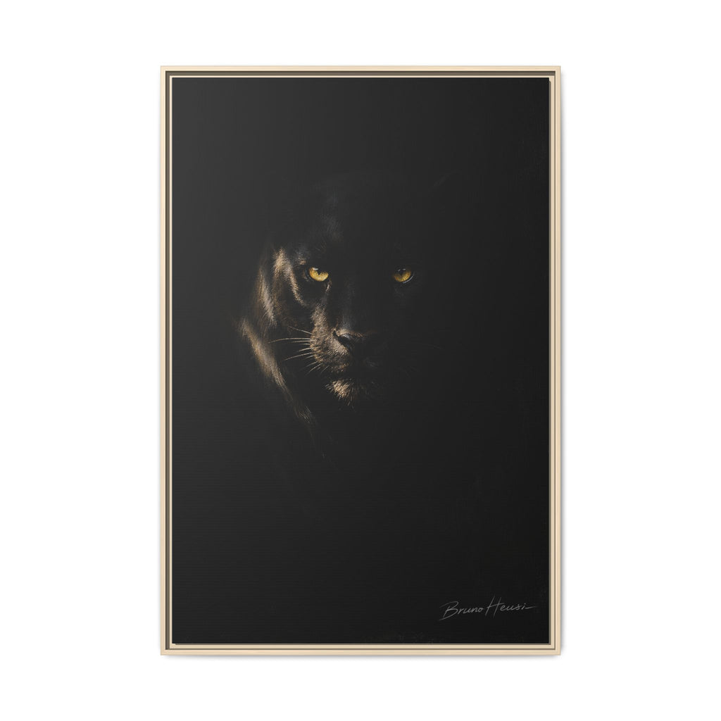 Framed Matte Canvas - Black Panther Wall Art with Golden Eyes