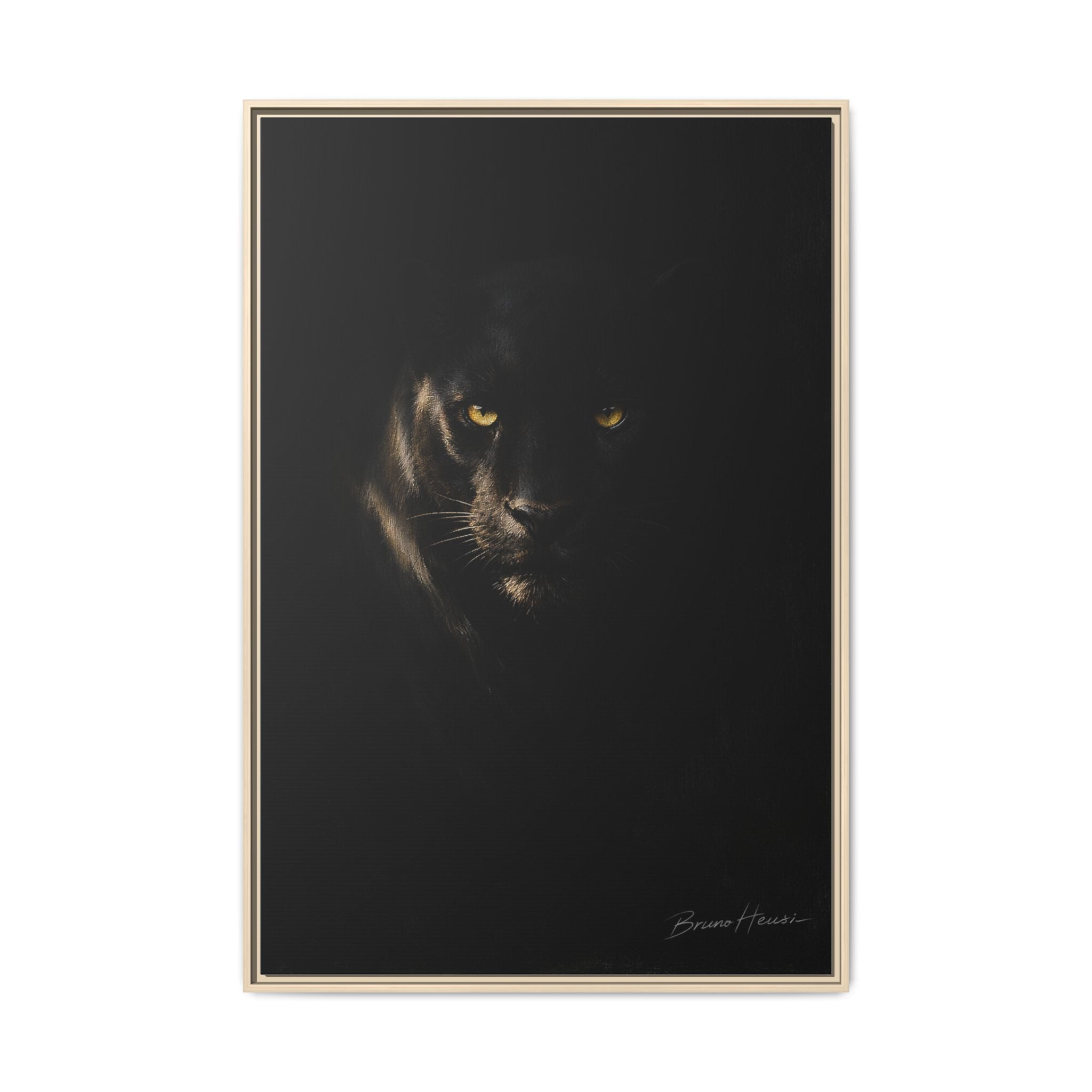Framed Matte Canvas - Black Panther Wall Art with Golden Eyes