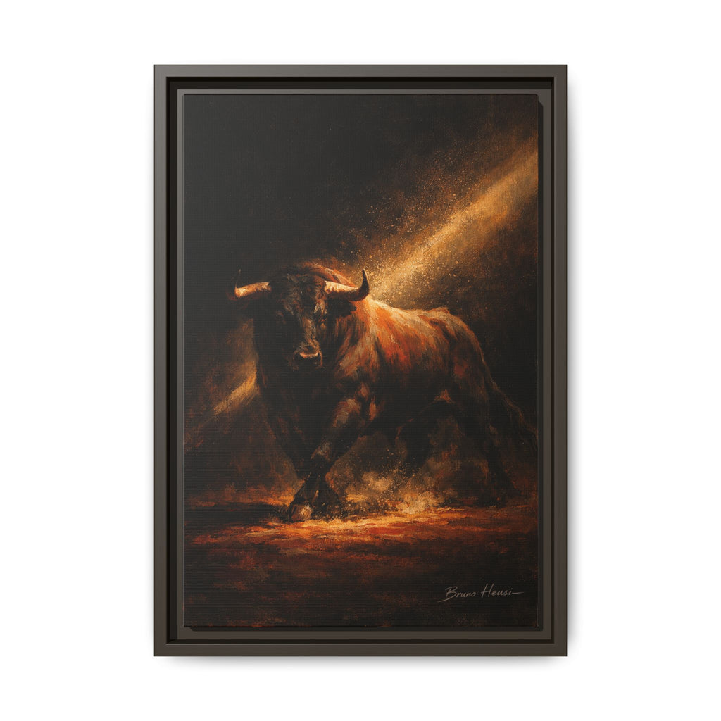 Framed Matte Canvas Art - Dramatic Charging Bull Painting