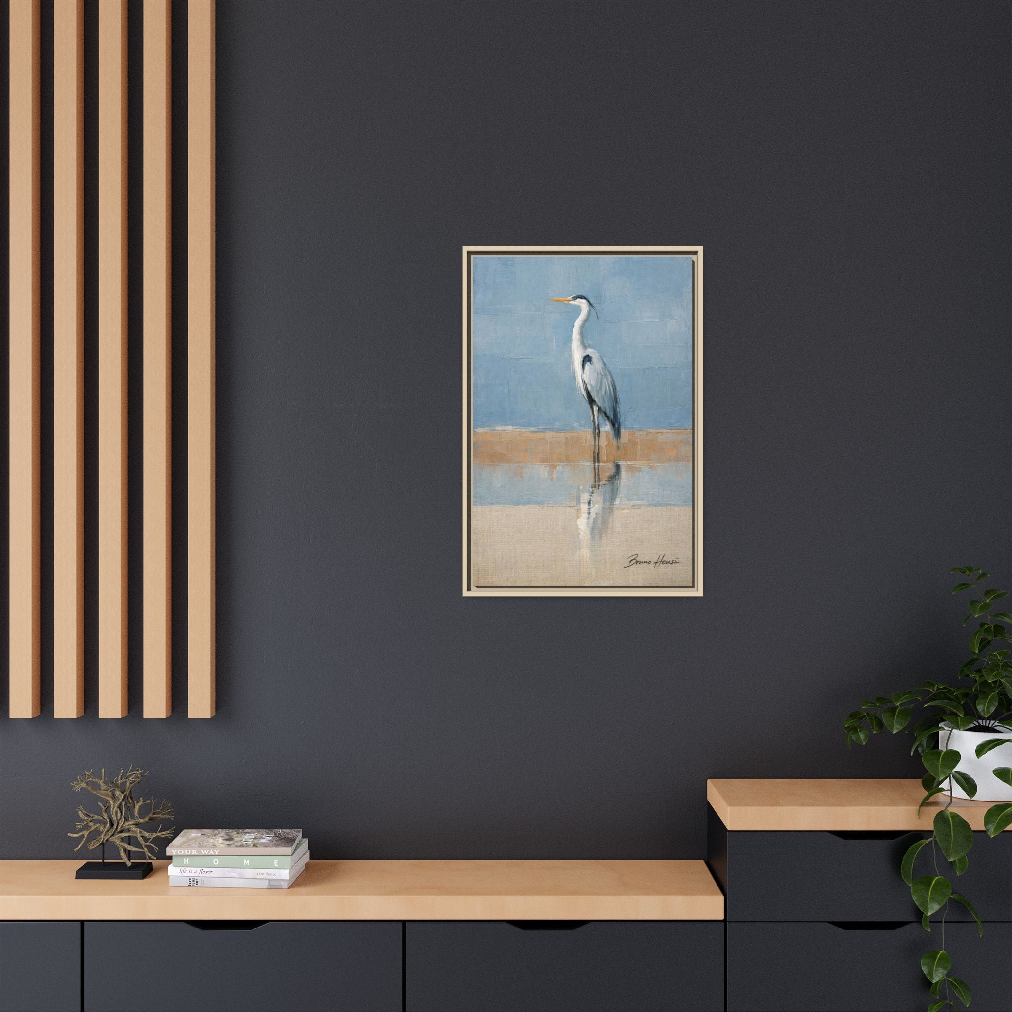 Framed Heron Canvas Art – Coastal Shorebird Wall Decor