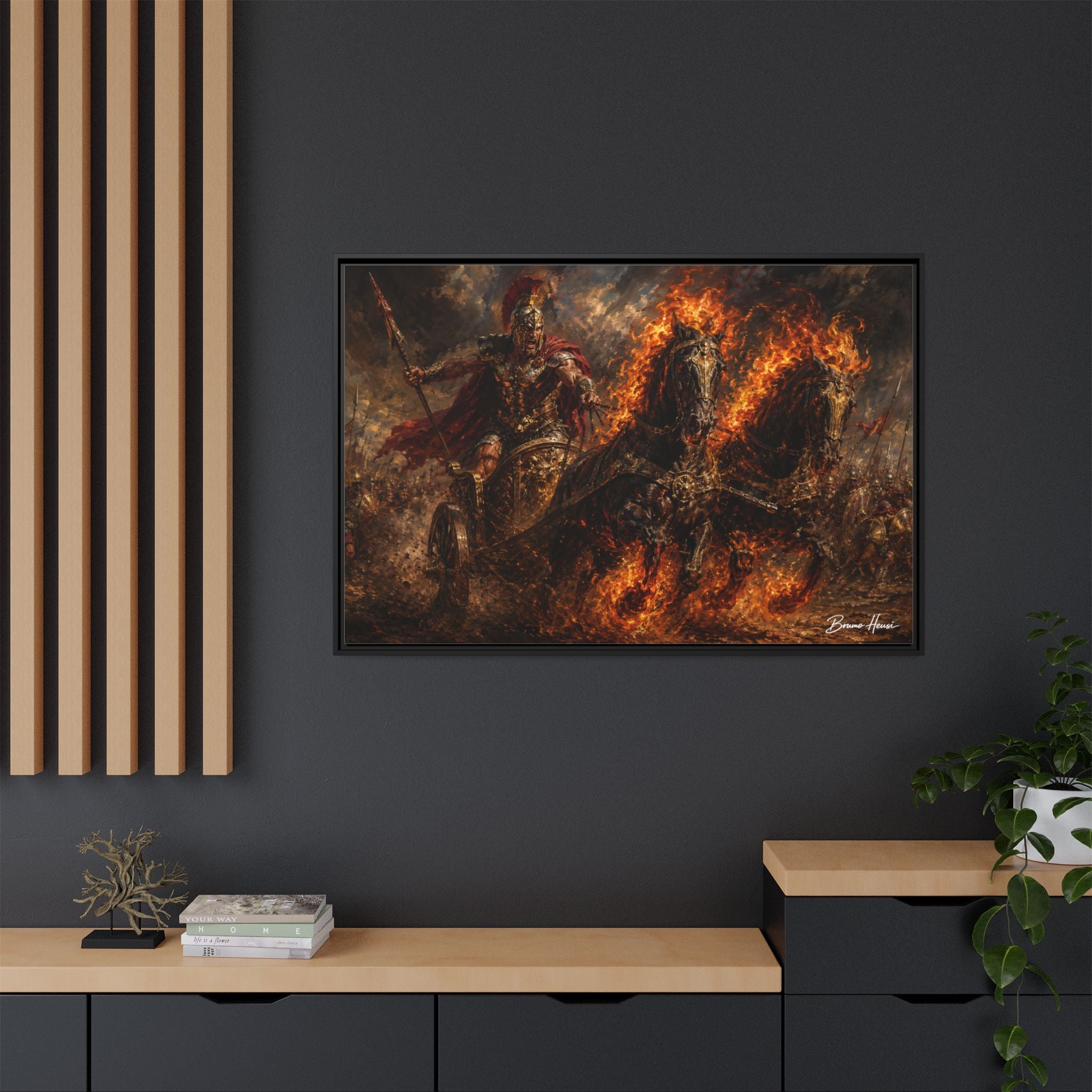 Flaming Chariot Framed Canvas Wall Art — Mythic Warrior Matte Print