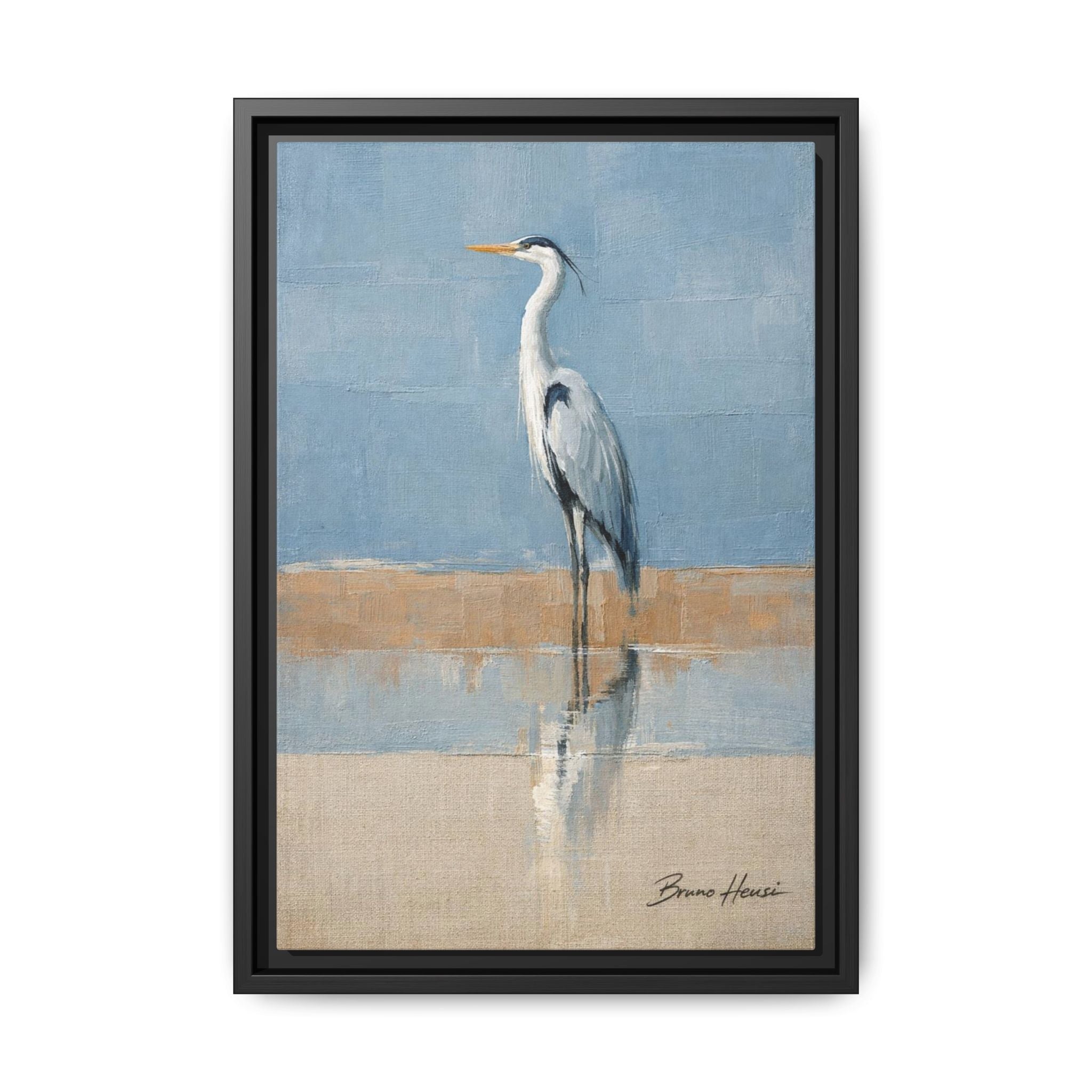 Framed Heron Canvas Art – Coastal Shorebird Wall Decor