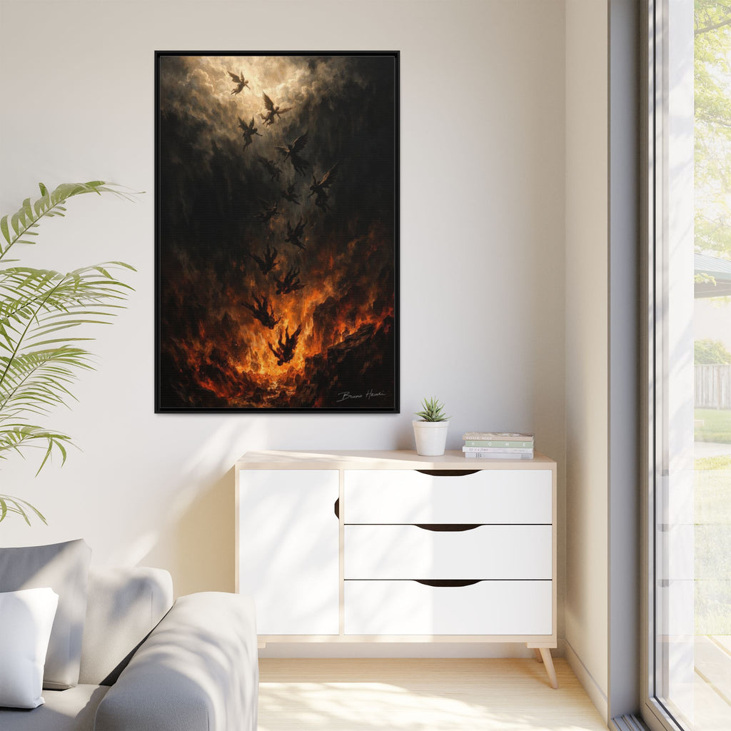 Falling Angels Matte Framed Canvas Print — Dark Fantasy Wall Art