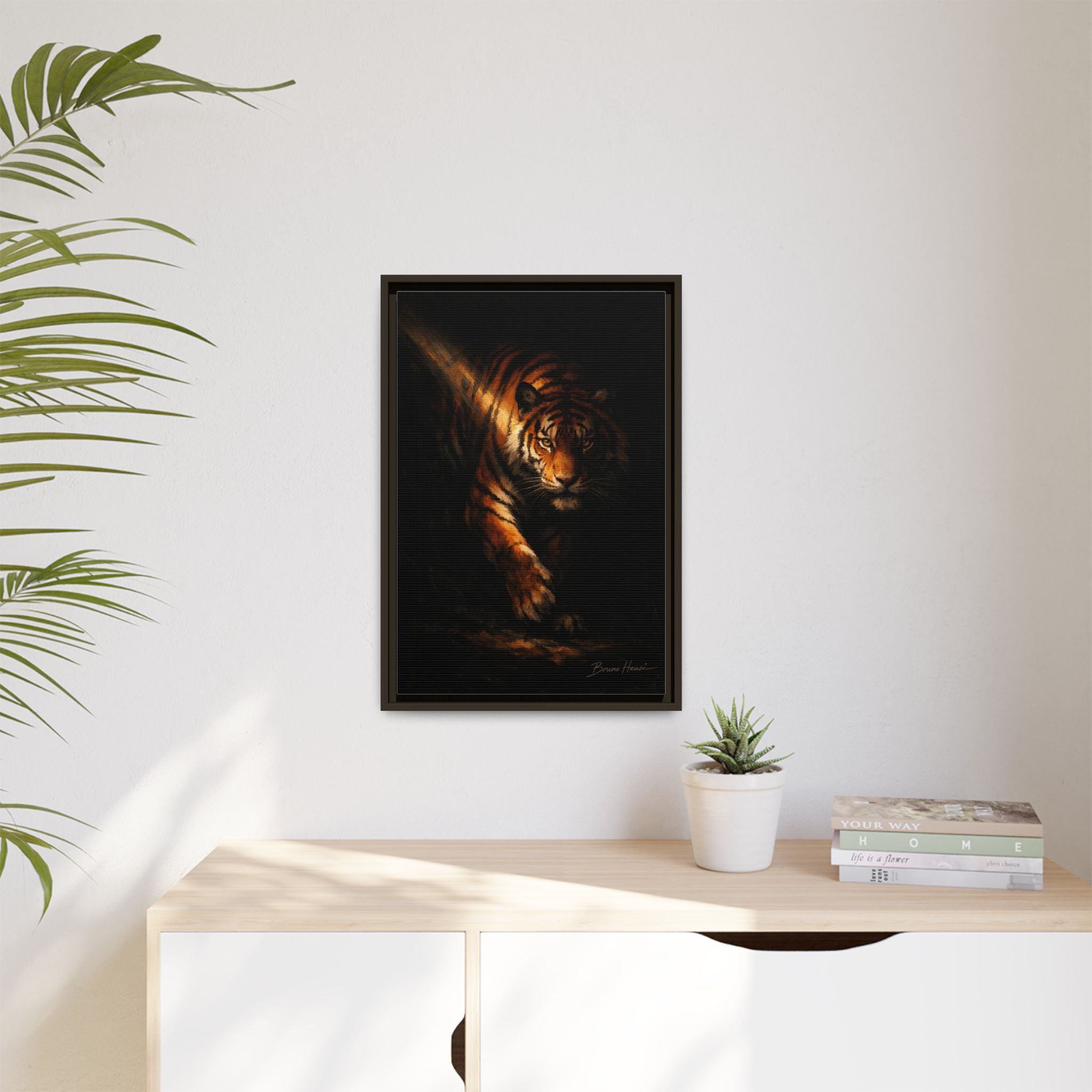 Tiger in the Shadows Matte Framed Canvas Print — Dramatic Wildlife Wall Art