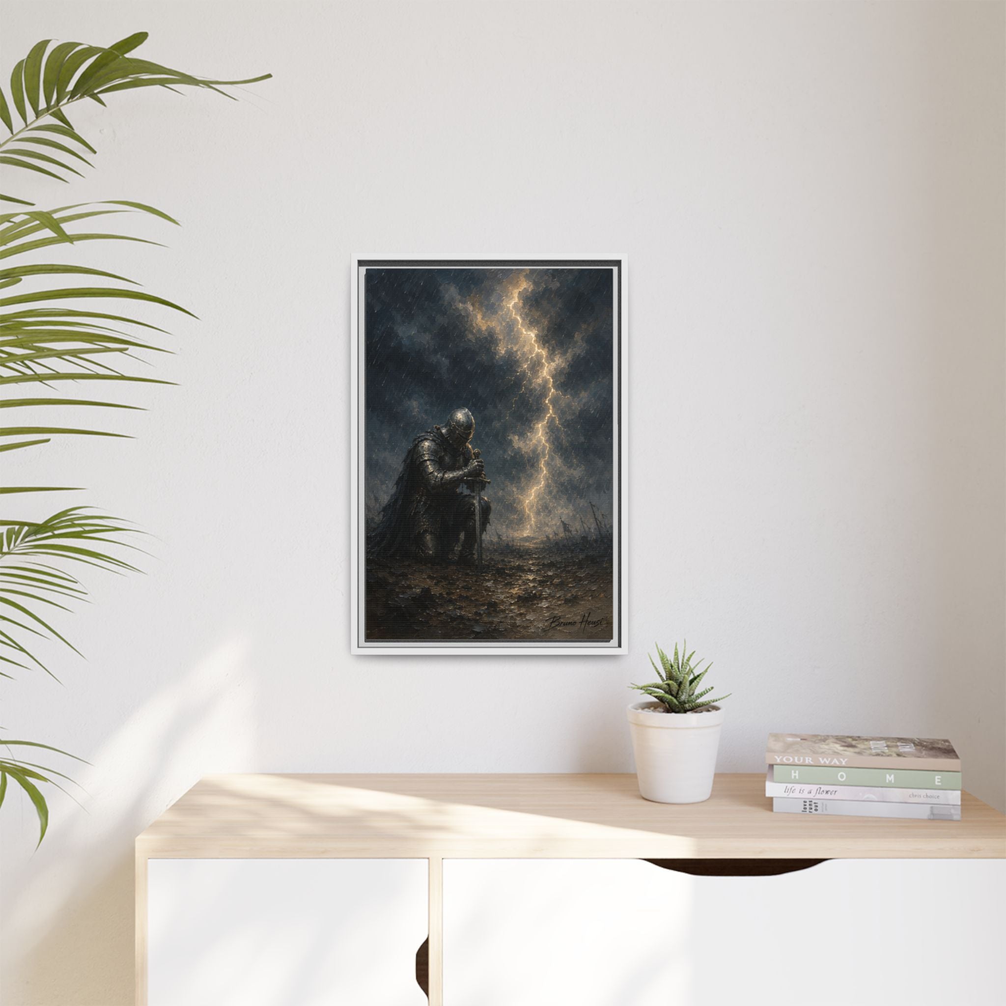 Knight in Thunderstorm Matte Framed Canvas — Dark Fantasy Wall Art