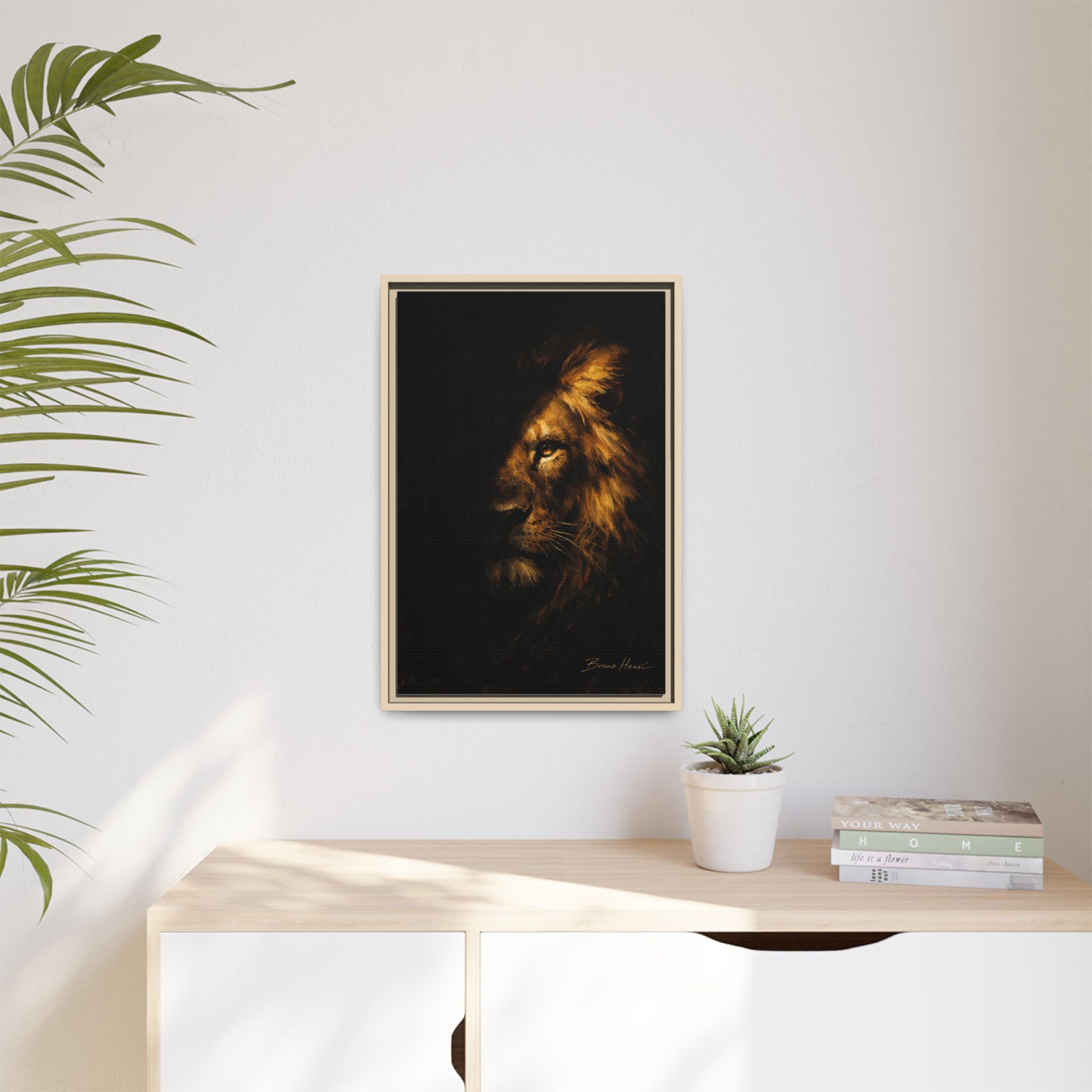 Majestic Lion Portrait Framed Canvas Wall Art — Golden Mane on Black Matte Print