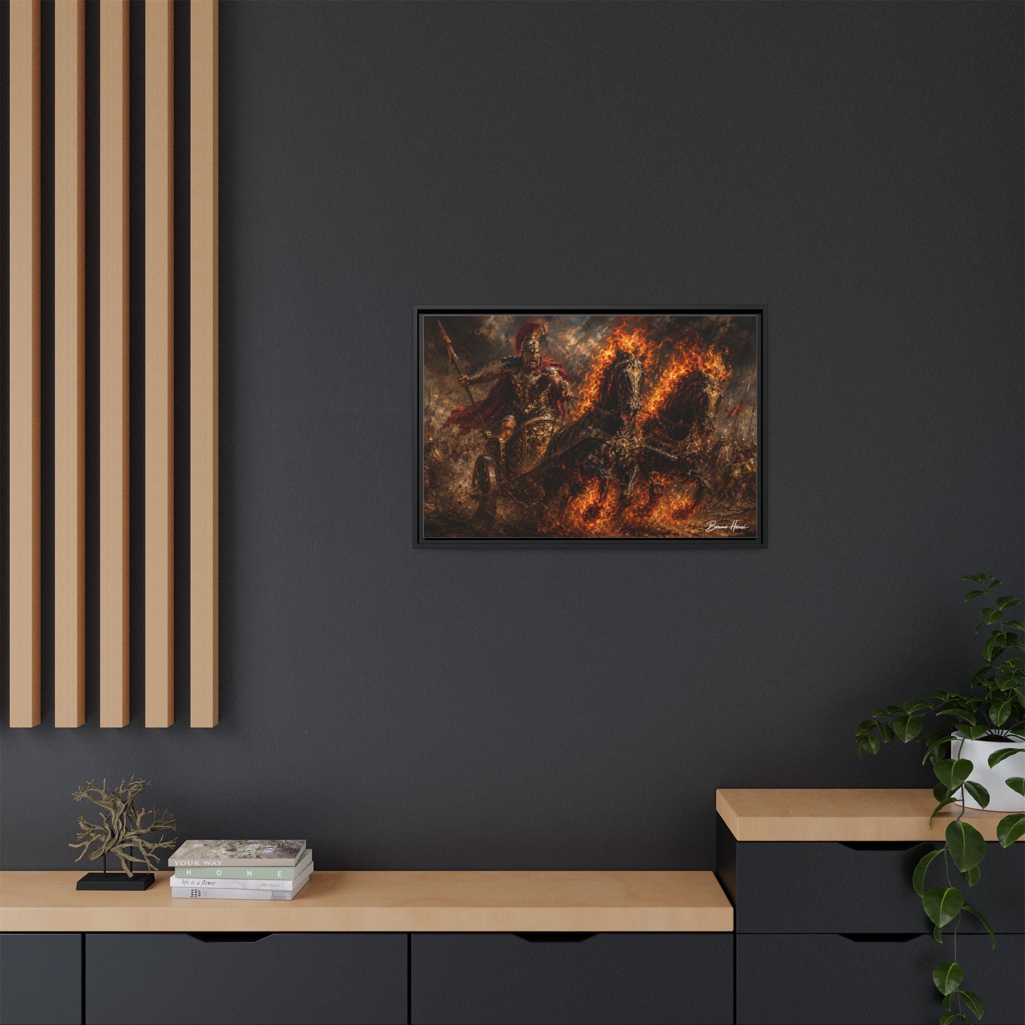 Flaming Chariot Framed Canvas Wall Art — Mythic Warrior Matte Print