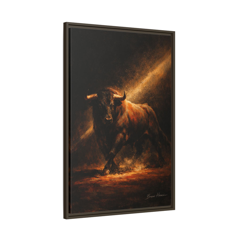 Framed Matte Canvas Art - Dramatic Charging Bull Painting