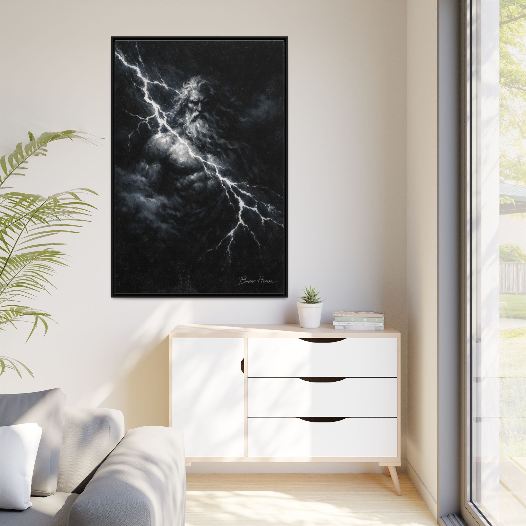 Zeus Lightning God Framed Canvas Wall Art — Stormy Mythology Print