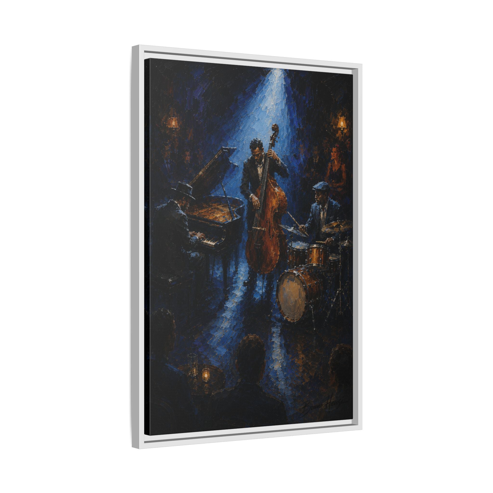 Framed Jazz Quartet Canvas Wall Art – Moody Blue Music Scene