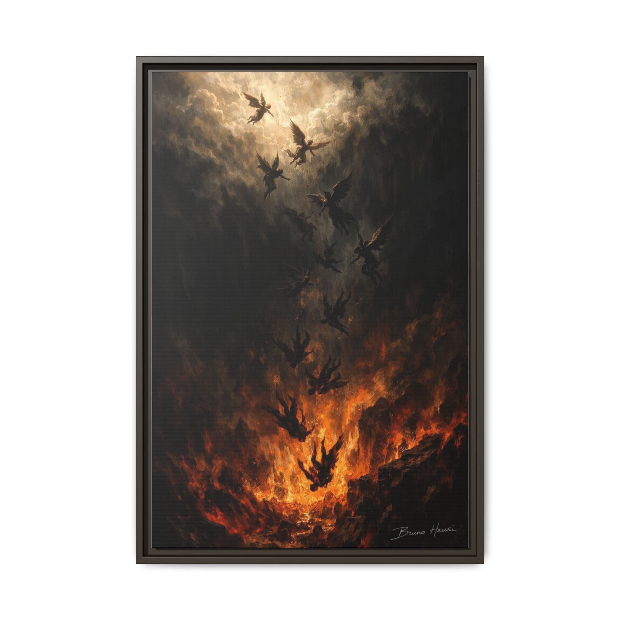 Falling Angels Matte Framed Canvas Print — Dark Fantasy Wall Art