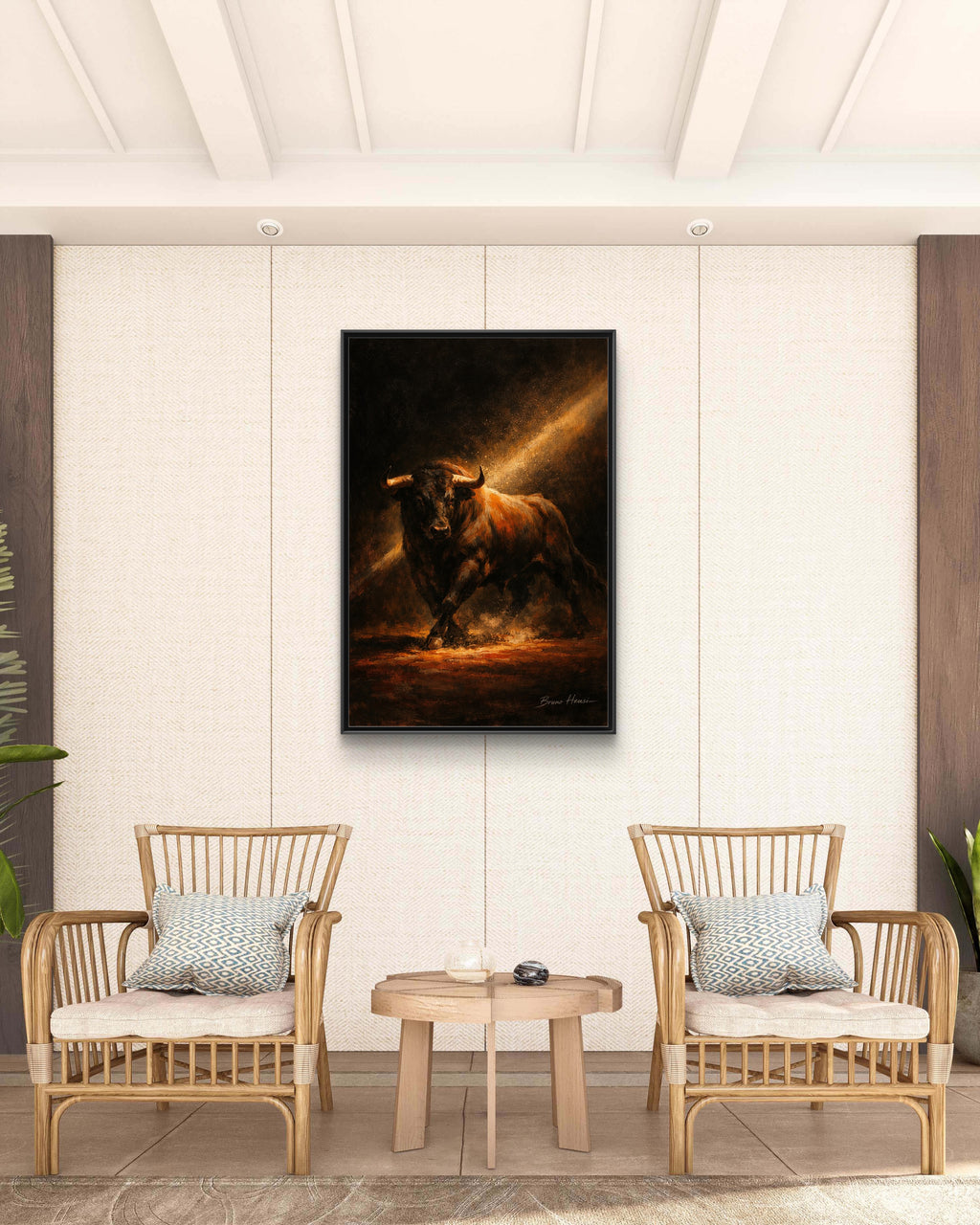 Framed Matte Canvas Art - Dramatic Charging Bull Painting