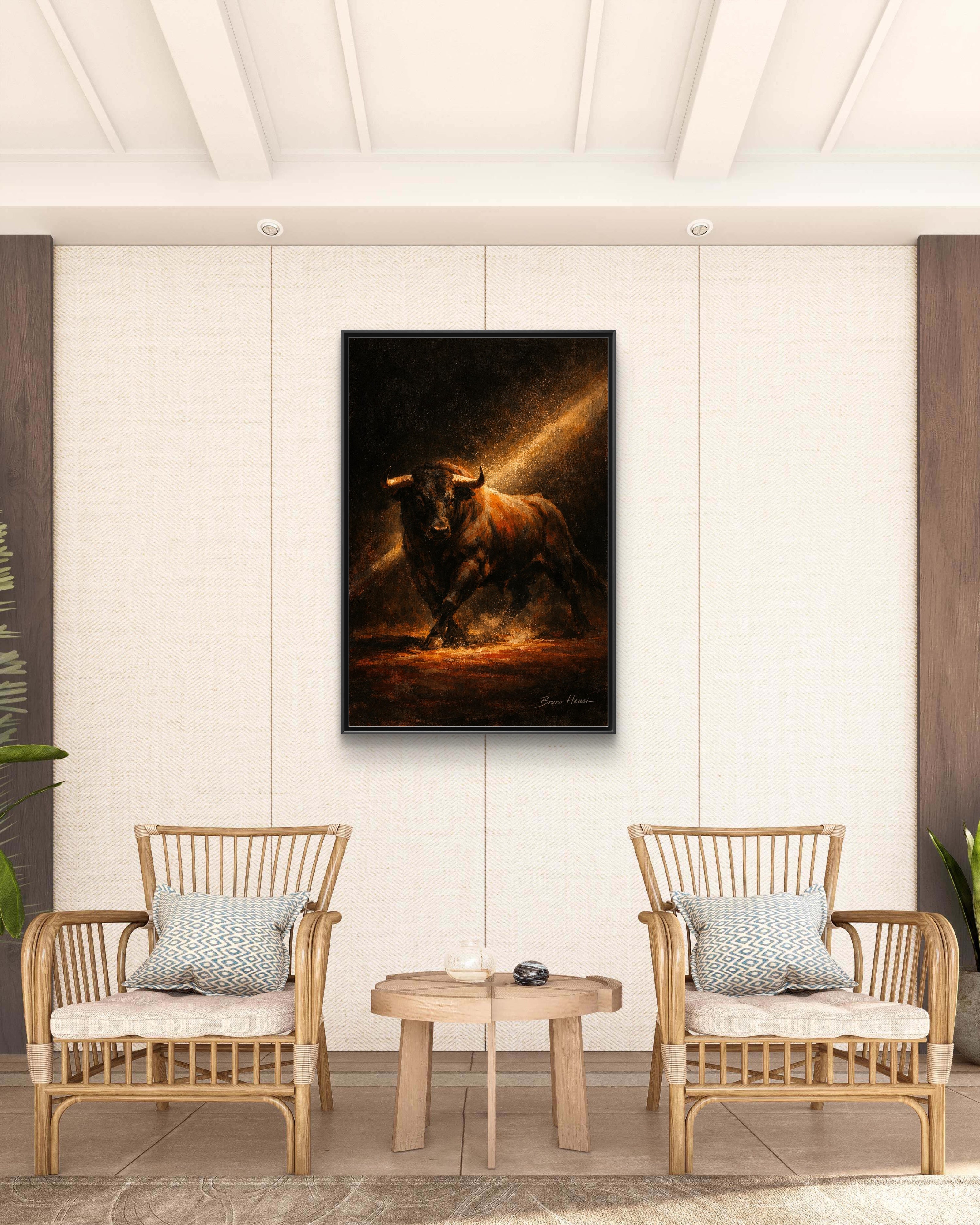 Framed Matte Canvas Art - Dramatic Charging Bull Painting