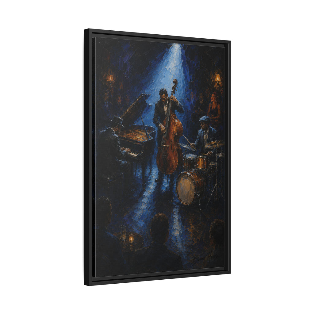 Framed Jazz Quartet Canvas Wall Art – Moody Blue Music Scene