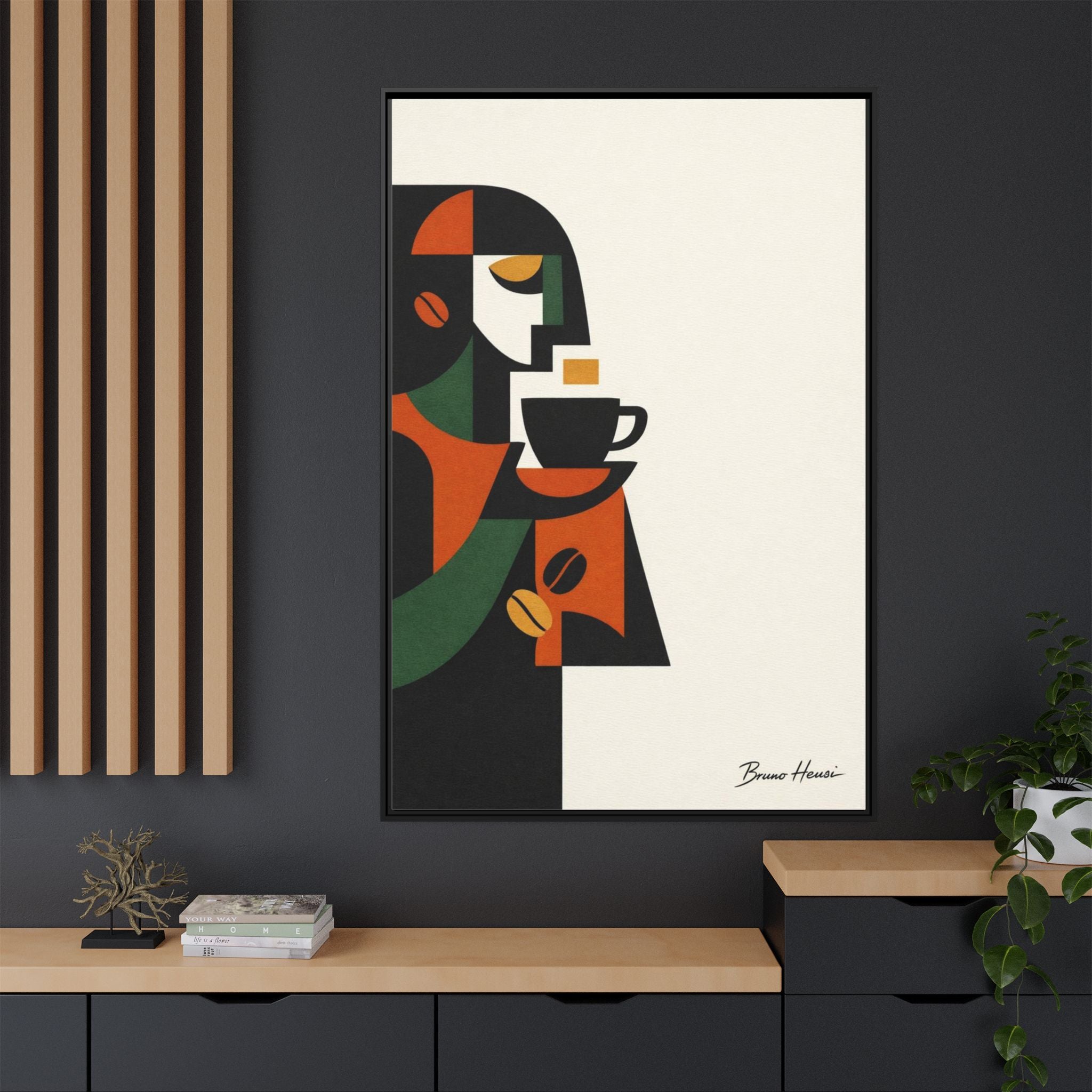 Abstract Coffee Drinker Framed Canvas Print — Modern Café Wall Art
