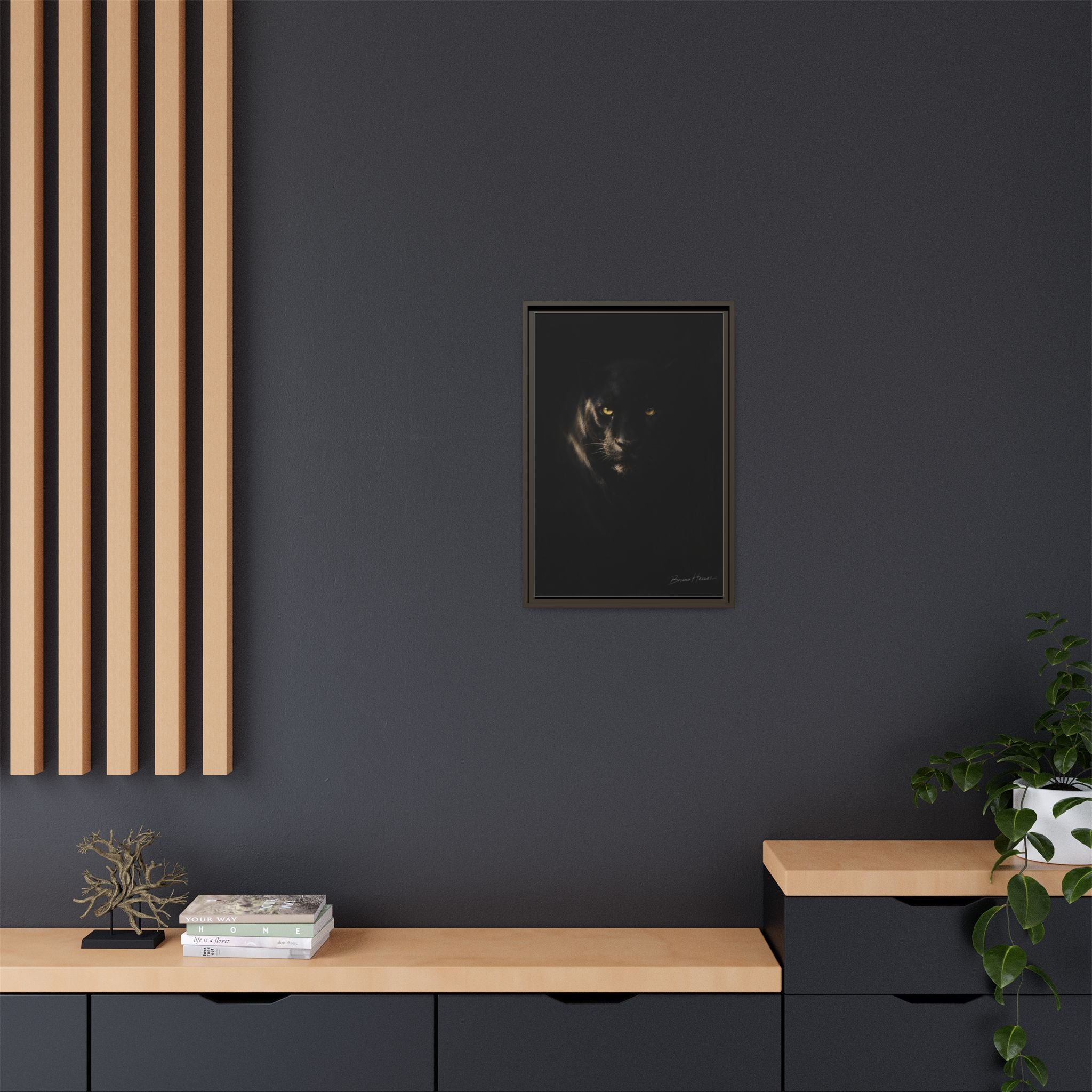Framed Matte Canvas - Black Panther Wall Art with Golden Eyes