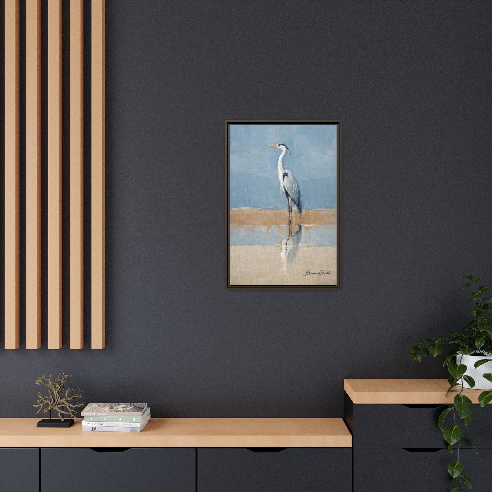 Framed Heron Canvas Art – Coastal Shorebird Wall Decor