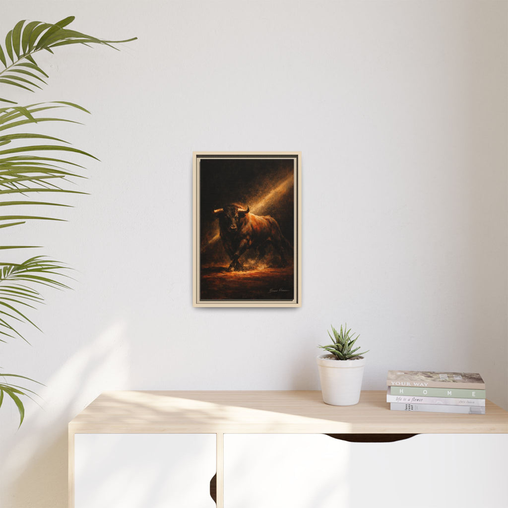 Framed Matte Canvas Art - Dramatic Charging Bull Painting
